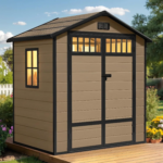 All Weather Resin Storage Shed, Windows & Slanted Roof & Raised Floor, Outdoor Garden Tool