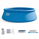 Outdoor above-ground pool kit, PVC and steel, blue, easy assembly; includes ladder, cover, 1000 GPH GFCI filter pump, and 6 reservoirs