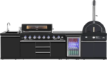 Kingsley 304 Black Stainless Steel 6 Burner Outdoor Kitchen w/ Fridge, Sink & Gas Pizza Oven Bundle